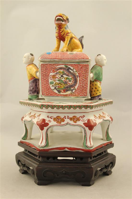 A Japanese Kutani koro and cover, 19th century, 22.5cm, wood stand, restorations